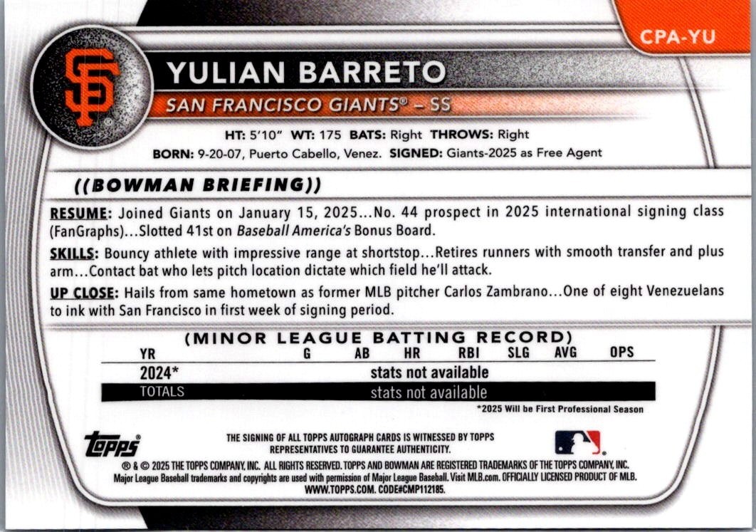 2025 Bowman Chrome #CPA-YU Yulian Barreto Prospect Autographs