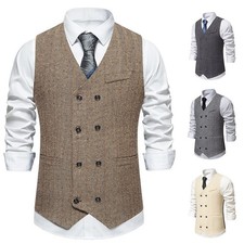 Herringbone Men's Dress Vests V Neck Double Breasted Formal Business Waistcoats