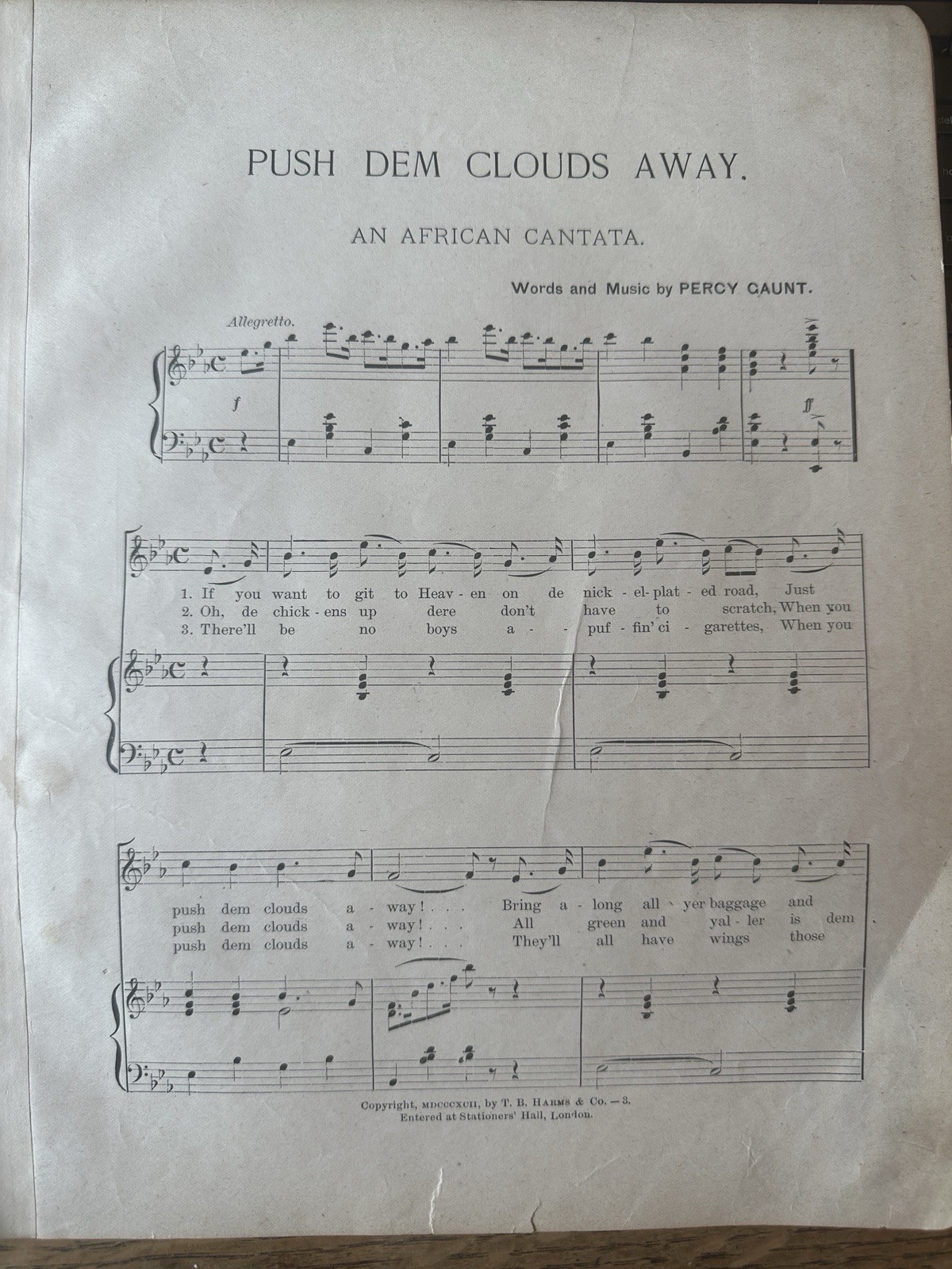 11x14 1892 Sheet Music PUSH DEM CLOUDS AWAY: An African Cantata by Percy Gaunt