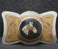 XD03166 VINTAGE 1970s  HORSE HEAD  ANIMAL FASHION MENS SILVERTONE BELT BUCKLE