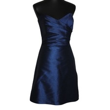Alfred Sung Midnight Blue Strapless Satin Cocktail Dress Ruched Bodice