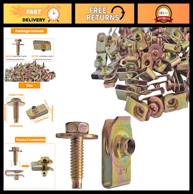 100 Pcs M6 Body Bolts & U Nuts Kit, Rust-Resistant Fasteners for Cars, Steel Gol