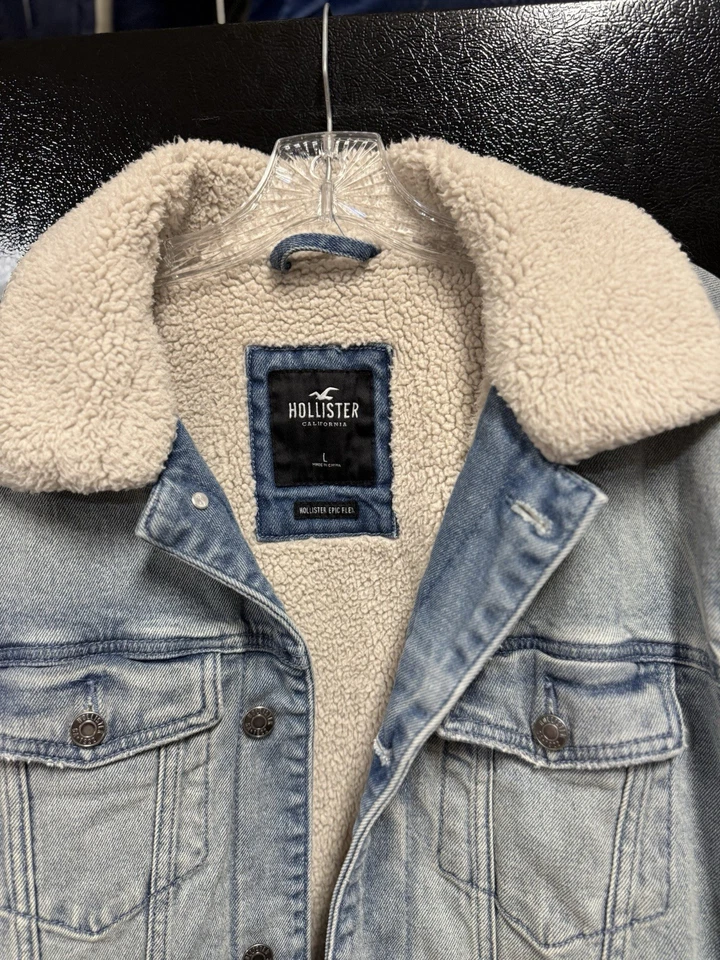 Chaqueta de mezclilla Hollister para hombre L Epic Flex Sherpa forrada abrigo de camionero occidental grueso Foto 4 de 4