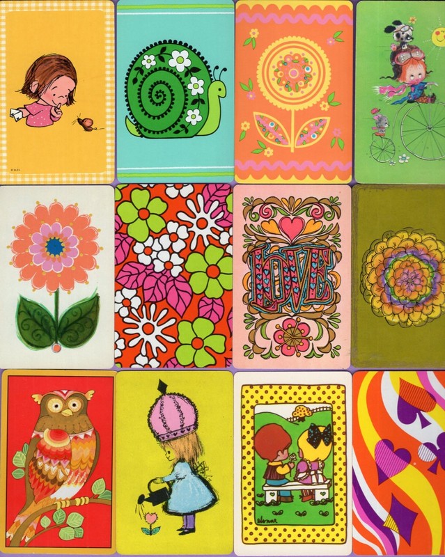 12 Single Swap Playing Cards SEVENTIES ART SNAIL FLOWER CHILDREN OWL HIPPIE LOVE