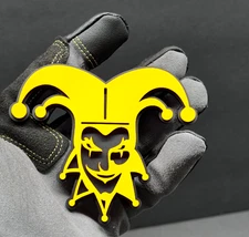 (2)Joker Jester Badges Emblem Clown Yellow Face on matte black Fender Angry
