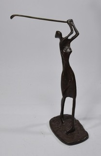 Moderne Bronze Skulptur Golfspielerin in dynamischer Pose Frauenfigur filigran