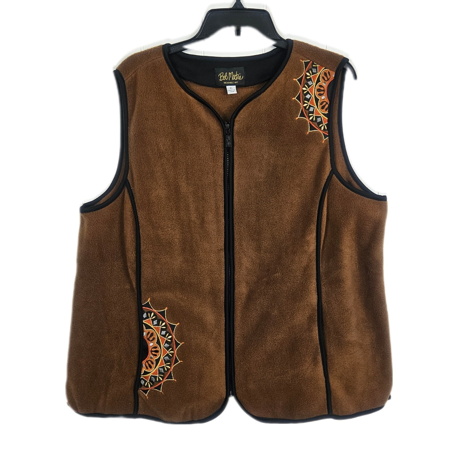 Bob Mackie XL Brown Embroidered Fleece Vest Zip Pockets Mandalas Artsy