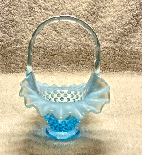 Vintage Fenton Art Glass Blue Opalescent Hobnail 6" Basket