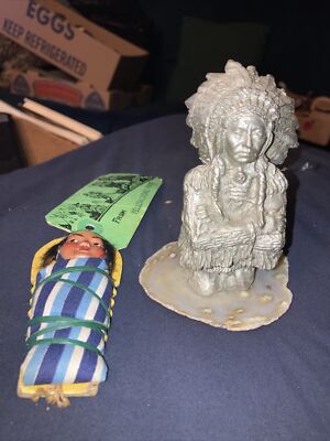 Pewter or Lead Native American Indian w/ Headdress on Geode Base -Skookum Doll