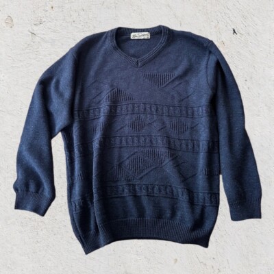 Tom Sayers Vintage mens jumper V neck knit sweater Nordic pattern XL Navy  Blue UK