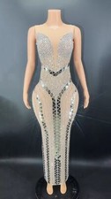 Silver Rhinestones Transparent Long Dress Prom Birthday Outfit Women Dance Show