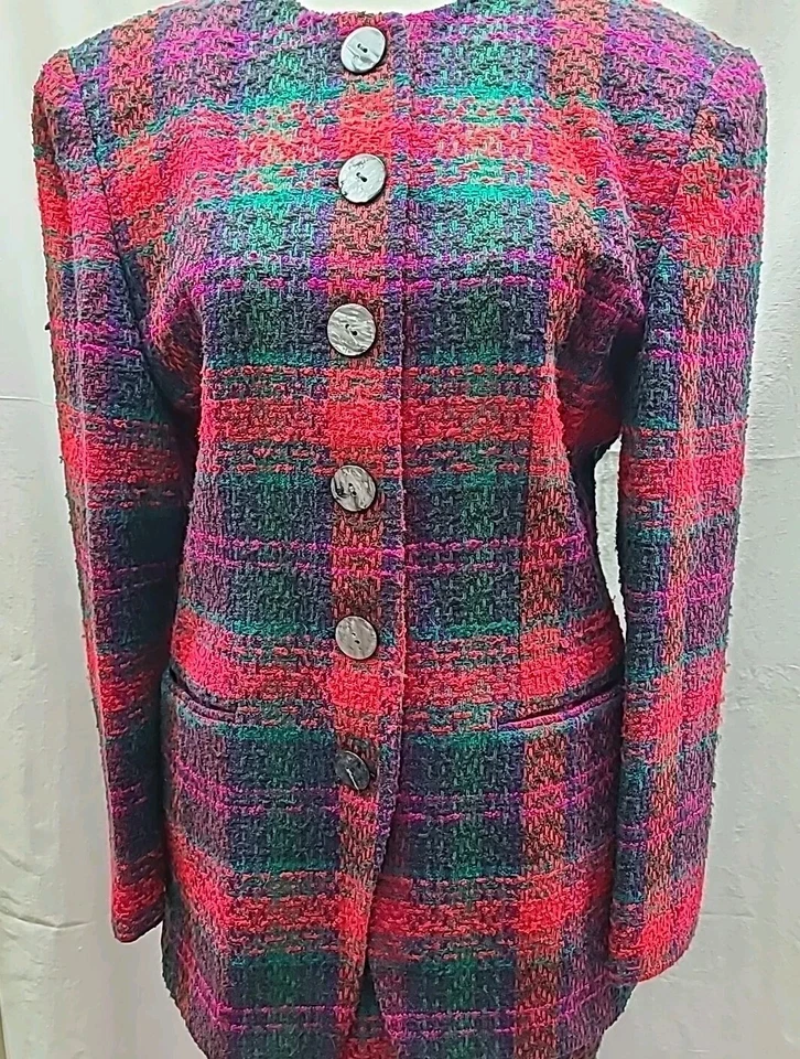 Traje De Colección David Hills Para Mujer Tweed Rojo Verde Talla 6 Lana Acrílico Oficina Clásico Foto 3 de 4