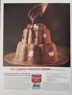 1963 Carnation Evaporated Milk Whipped Chocolate Pudding Recipe Vintage Print Ad
