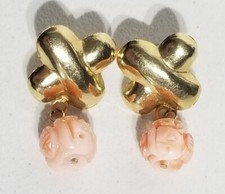 Orecchini Vintage Oro 14K Pelle Angelo Corallo Floreale Intagliato Pendente Incrocio 