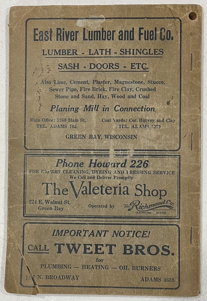 Vintage 1929 June Green Bay Wisconsin Telephone Company Phone Book