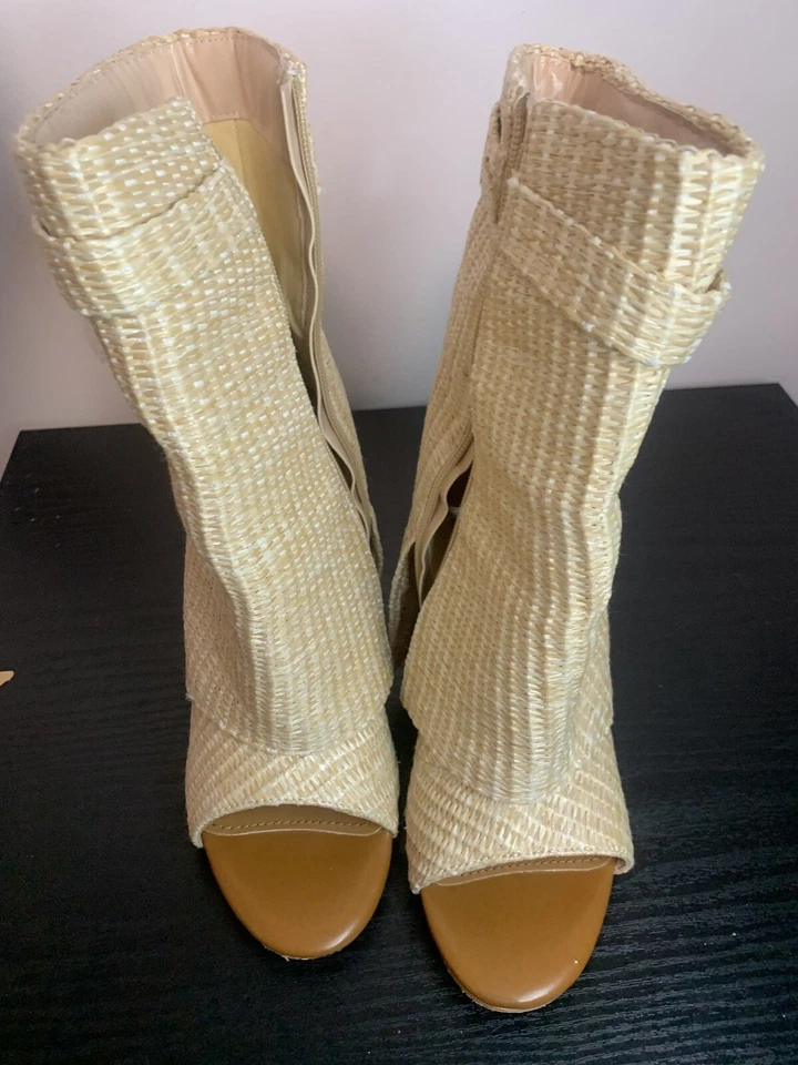 Nuevo botín de rafia natural punta abierta botines tacón de cuña candado puño plegable Foto 3 de 4