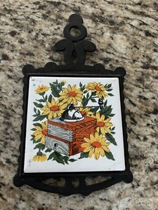 Cast Iron Trivet Wall Hanging Coffee Grinder Design Yellow Daisies Cathay Tile