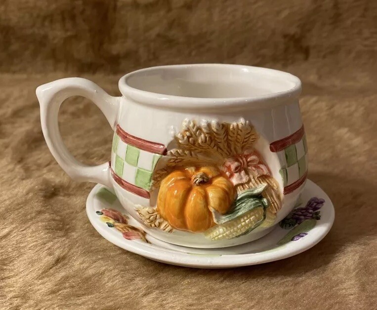 VTG Harvest Porcelain Tea/Coffee Cup W/Saucer W/Green & White Check Design Rare