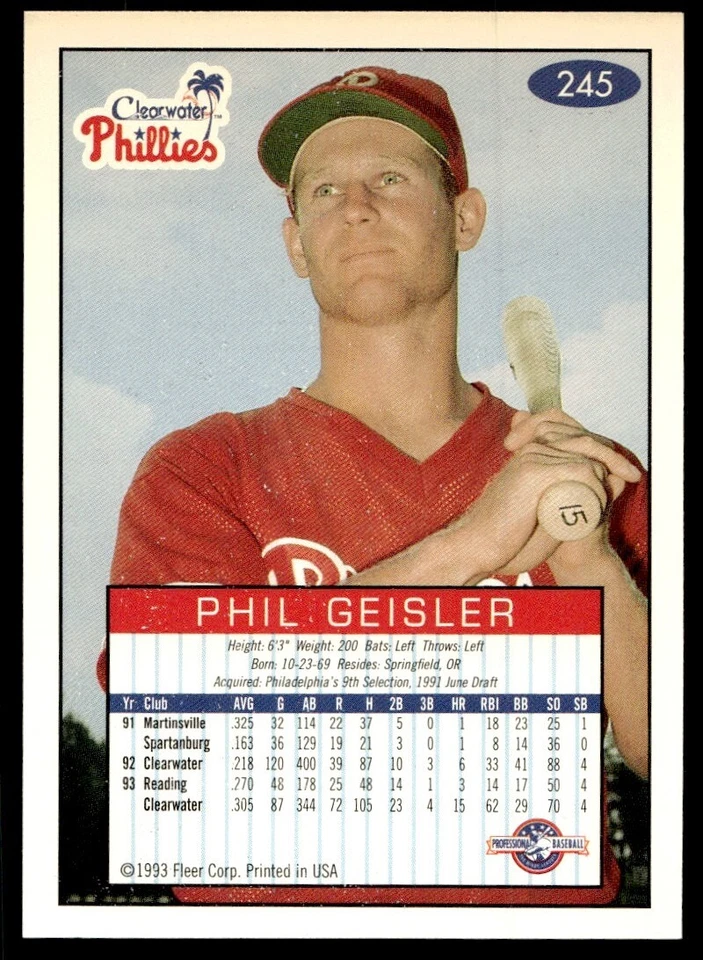 1993 Fleer Excel Phil Geisler Clearwater Phillies #245 - Image 2 of 2
