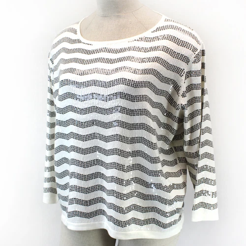 Joan Vass Plus White/Black Sequin Zig Zag Cotton Dolman Sleeve Top Sweater 3X