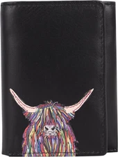 Highland Cow Black Trifold Wallet for Men – Full-Grain Nappa Leather, RFID Block