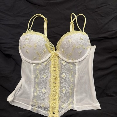 Ambrielle Bustier 34B White Yellow Floral Lace Underwire Boned Adjustable Straps