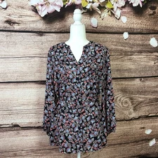 Terra & Sky Women’s Red Black Floral Print Belted V-Neck Button Down Tunic 