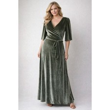 Baltic Born Wrap Maxi Dress Sage Green Velvet Neck Bridal Bridesmaid Medium