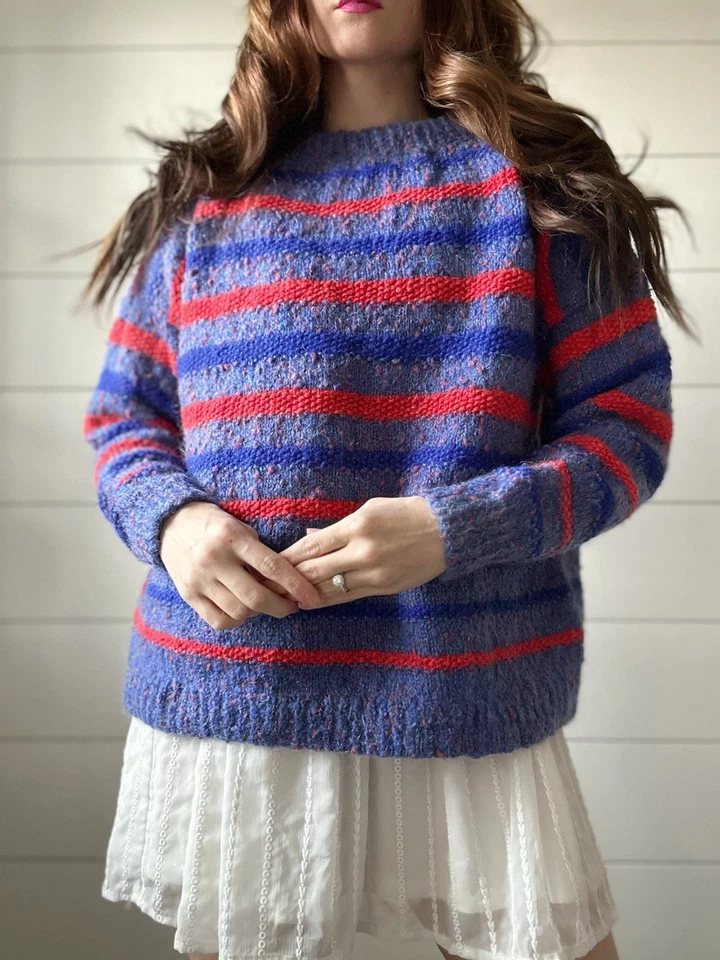 Suéter Vintage Hecho a Mano Rayas Grueso Tejido Azul Rojo Pullover Foto 2 de 4