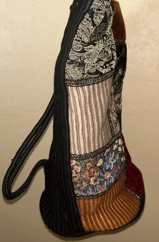 Patchwork Floral Velvet Drawstring Backpack Bag Purse Made In India 100% Cotton - Picture 8 of 20