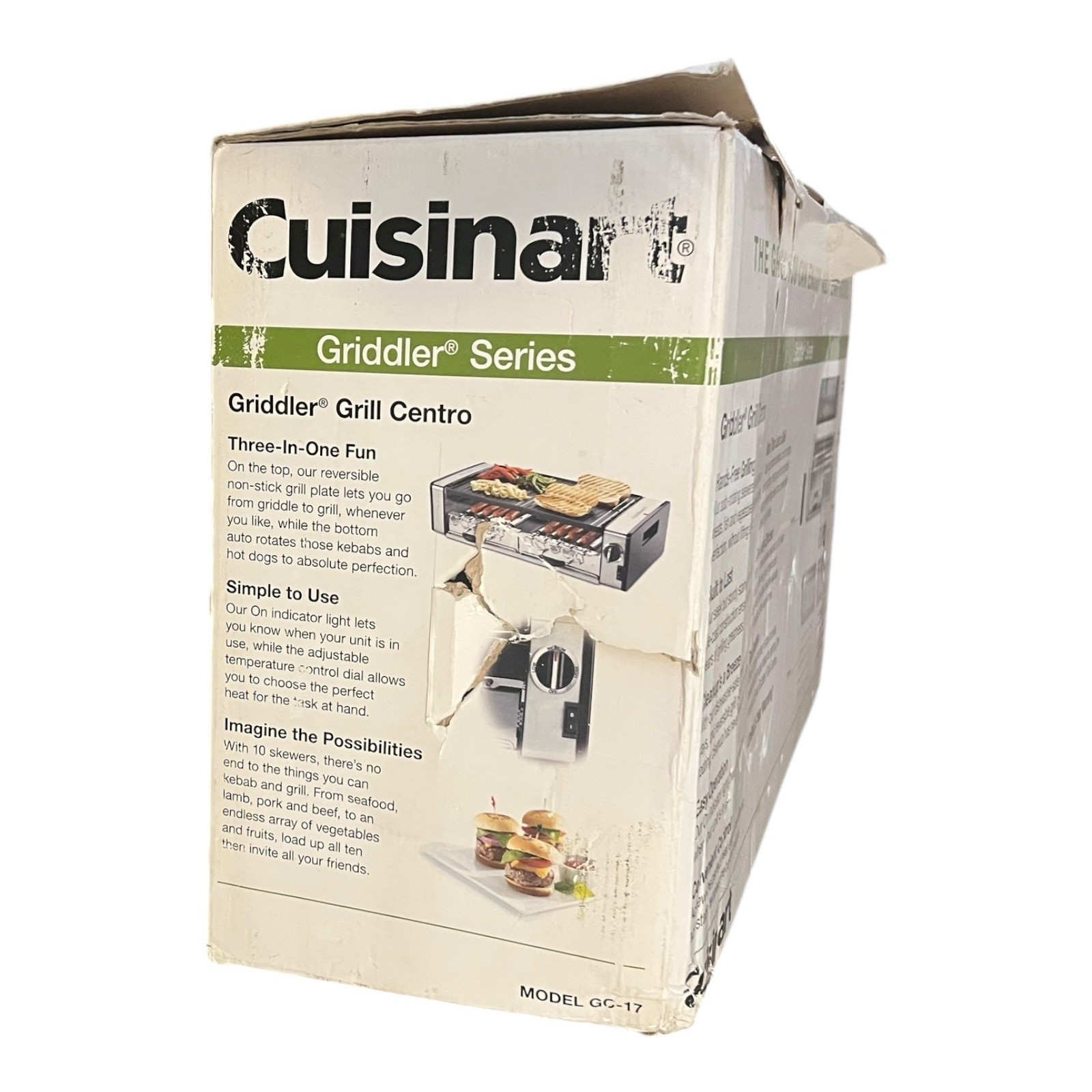 Cuisinart Griddler Grill Centro GC-17 Skewers Hot Dog Roller 3 in 1 Damaged Box