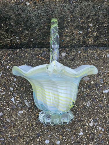 Block Crystal Cut Glass Art Hand Blown & Cut Basket Yellow Blue Green Stripe - Picture 4 of 14