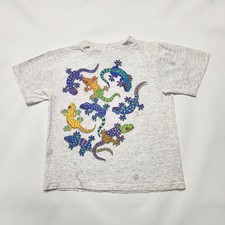Vintage 90s Neon Gecko Lizard Shirt Kids All Sport Grey Graphic Tee 6-8y