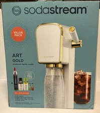 SodaStream Art Gold Soda Maker with Additional Cylinder and Flavors Bundle White