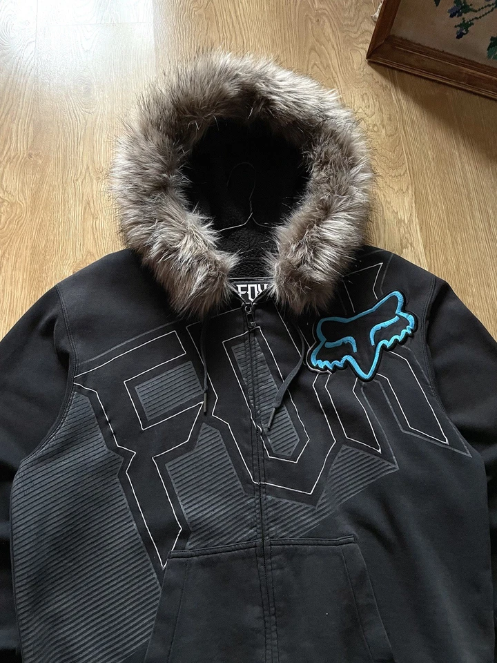 Винтажная толстовка с капюшоном Y2K Fox Racing из меха на молнии If Six Was Nine стиль LGB размер L выцветшая - Изображение 2 из 4