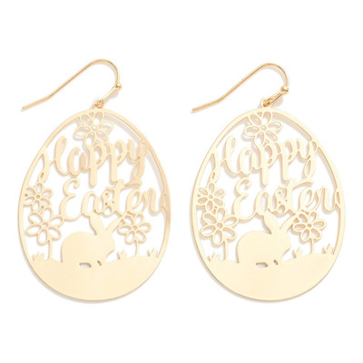 Brass Happy Easter Egg with Bunny Dangle Drop Earrings Gold