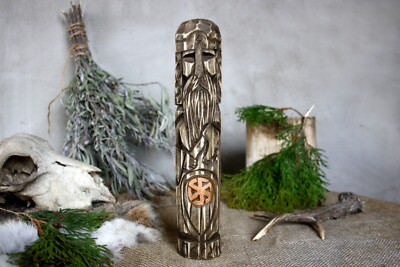 Large Slavic wooden idol God Perun in dark color