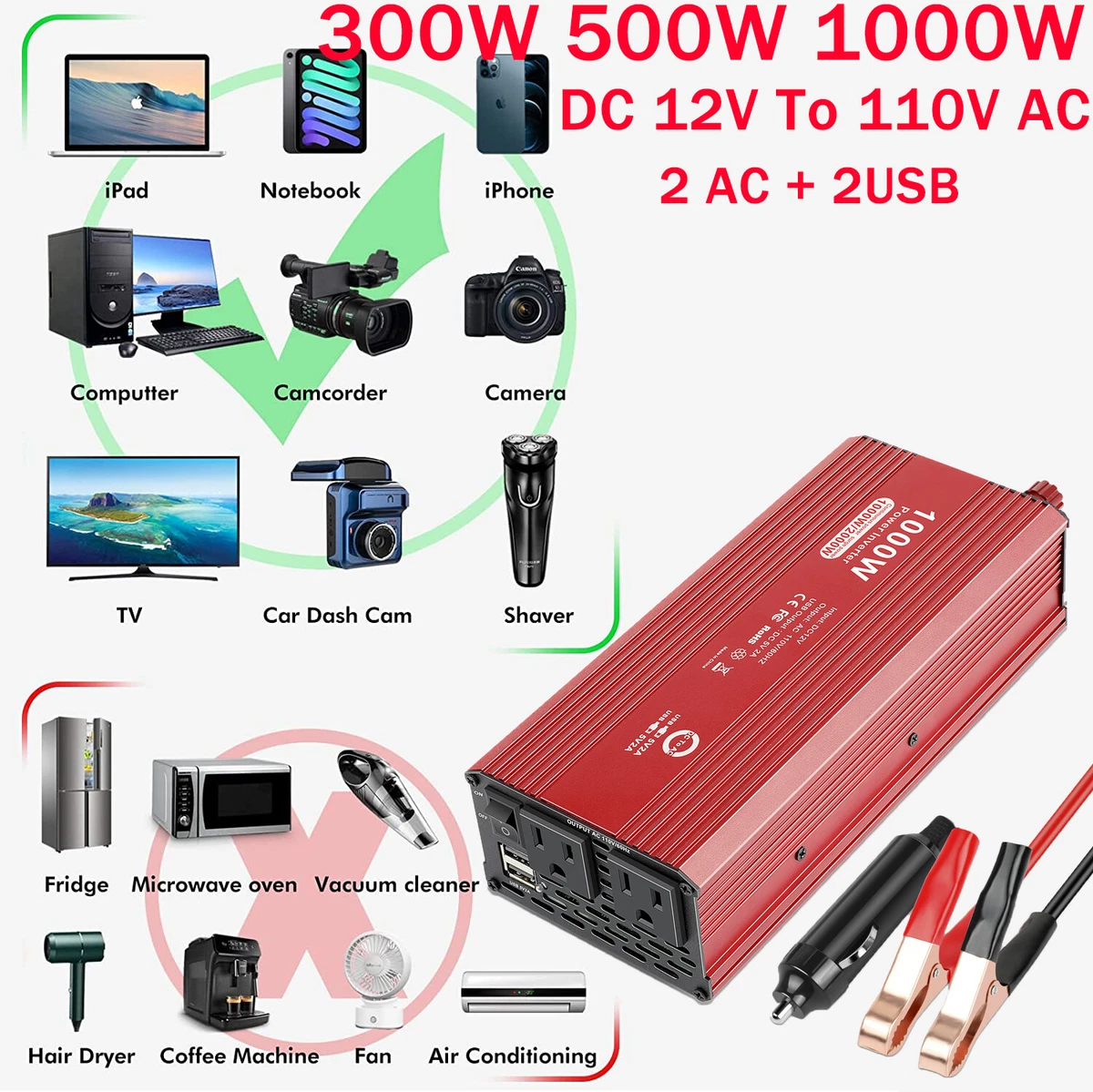 Car Power Inverter DC 12V to AC 110V 120V Converter Adapter Charger Outlet US