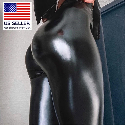 Women Stretchy Faux Leather Leggings Casual PU Pants High Waist Pencil Trousers