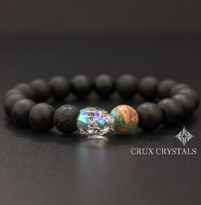 Men's Swarovski Crystal Skull Bracelet Crux Crystals Gemstone Matt Black Onyx