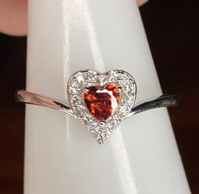 Sterling Silver Simulated Ruby Heart Ring - Rhodium Plated Band, Size 9