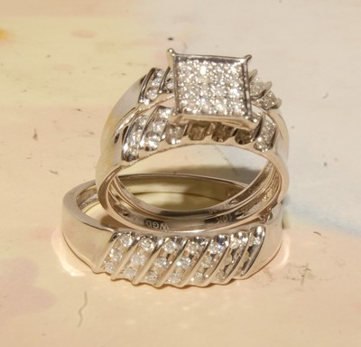 Weißgold und Diamant Eheringe & Verlobungsring Herren & Damen Trio Set