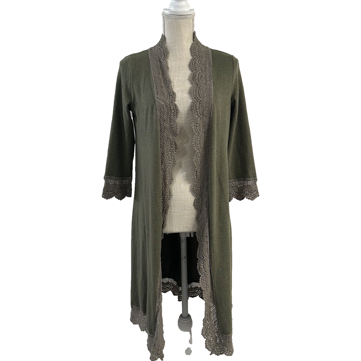 Tickled Teal Cardigan Long Open Front Duster Women Size Medium Olive Green