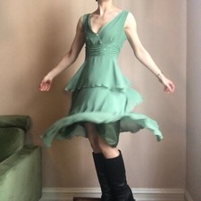 Vintage 90s Y2K SPM Dress Size 12 Green Beaded, Tiered 70s Style