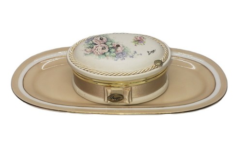 Vintage Berger Italian Porcelain Trinket Hinged Floral Jewelry Box , W Tray