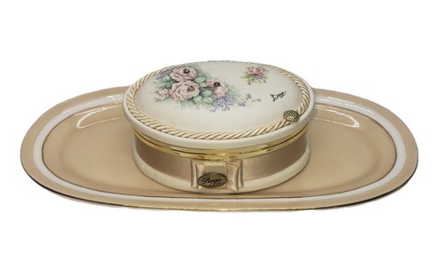 Vintage Berger Italian Porcelain Trinket Hinged Floral Jewelry  Box , W Tray - Afbeelding 1 van 10