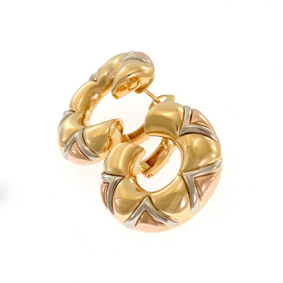 Bvlgari 18k Tri-Color Gold Fancy Designer Huggie Earrings - Image 2 of 4