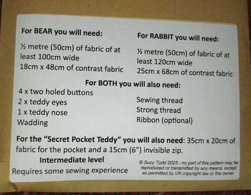 NEW - Teddy & Bunny Sewing Pattern Memory Bear - with pocket for ashes/keepsake - Picture 3 of 7