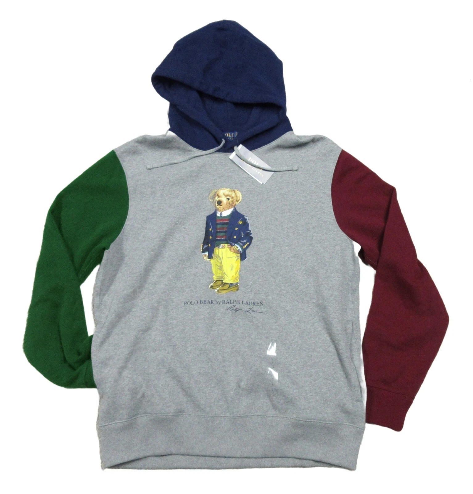 Polo Ralph Lauren Men's Grey Colorblock Polo Bear Fleece Lined Pullover Hoodie