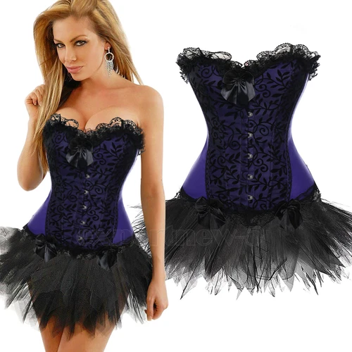 Ladies Lace Strapless Up Burlesque Corset Fancy Dress Costume Overbust Top&Tutu - Picture 27 of 31